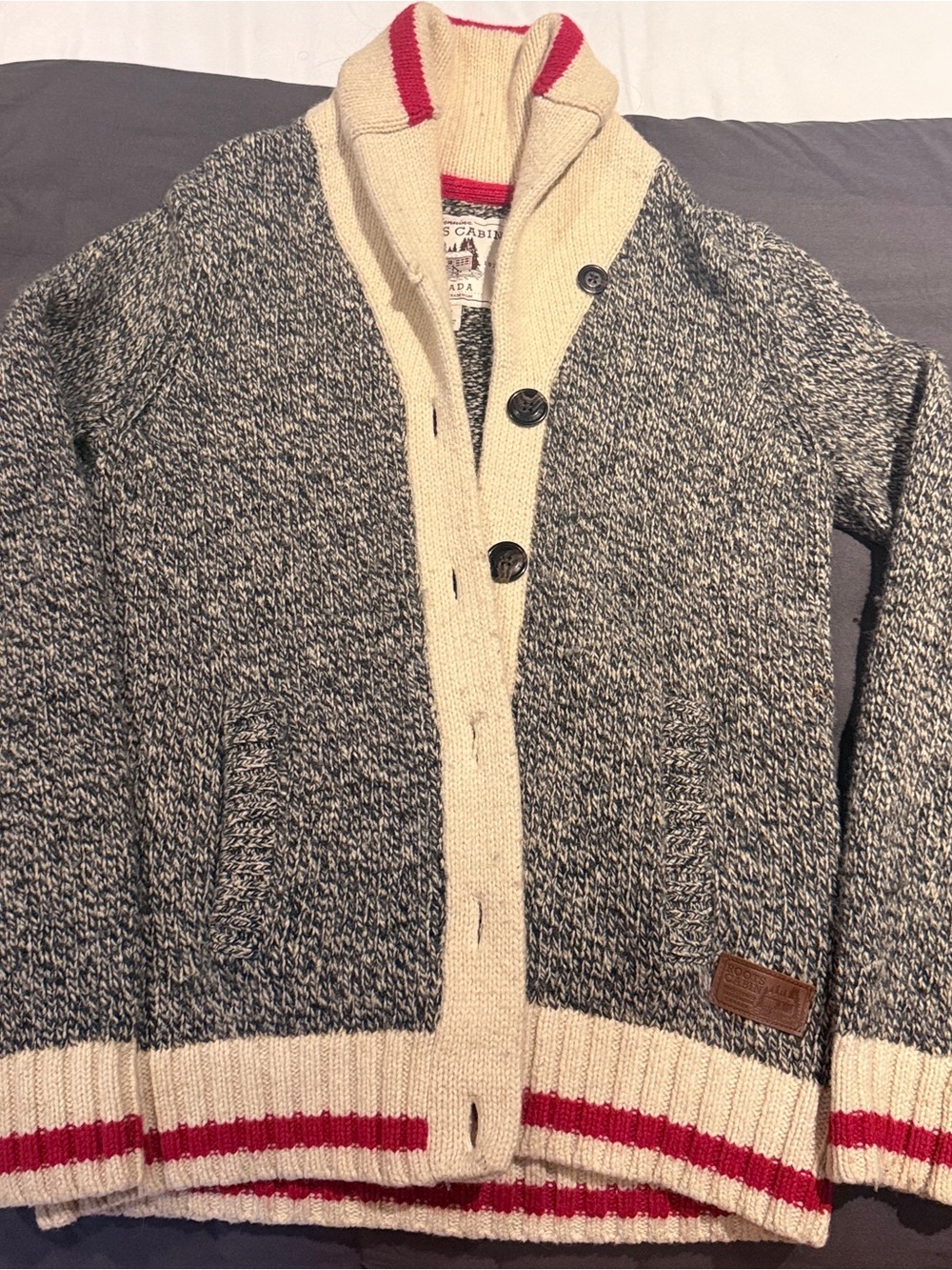 Roots womens Knit Sweater Cardigan - Cream & Gray with Red Trim
